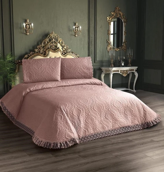 Kapitone Yatak Örtüsü Takımı Çift Kişilik Pudra 1 Yatak Örtüsü 225x250cm + 2 Yastık Kılıfı 60x80cm