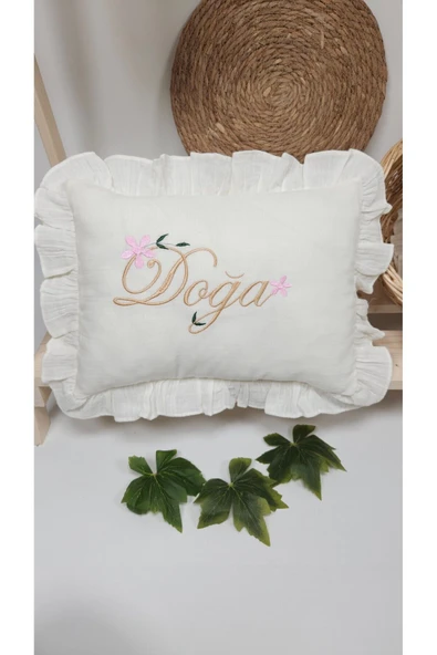gros shop %100 Pamuk 4 Katlı Müslin Fırfırlı Battaniye Takı Yastığı Kılıfı (Kişiye Özgü İsimli Nakış Desenli) - 6
