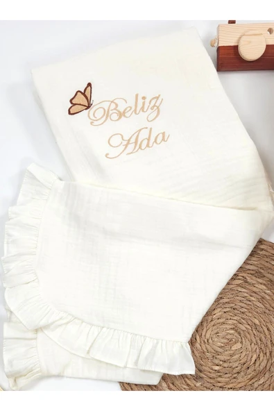 gros shop %100 Pamuk Organik 4Katlı Müslin Kumaş Bağcıklı Hastane Çıkış Seti(Kişiye Özgü İsimli Nakış Desenli) - Resim 7