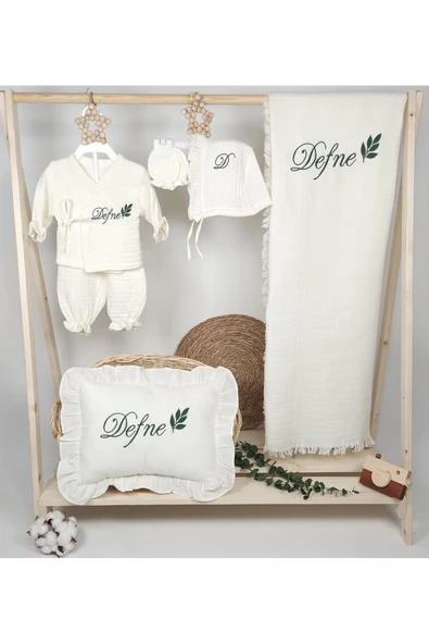 gros shop Yeni Doğan %100Pamuk Organik 4Katlı Müslin Kumaş Hastane Çıkış Seti(Kişiye Özgü İsimli Nakış Desenl) ürün görseli