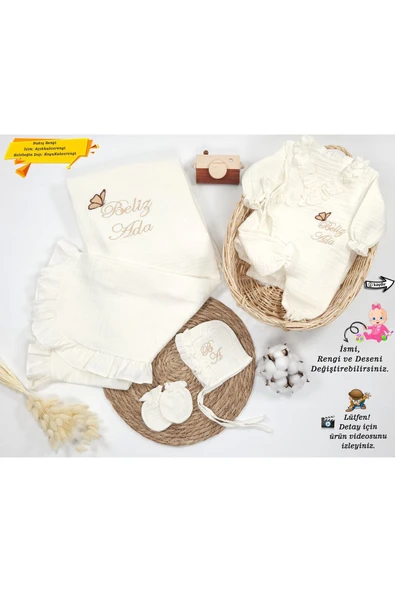 gros shop %100 Pamuk Organik 4Katlı Müslin Kumaş Bağcıklı Hastane Çıkış Seti(Kişiye Özgü İsimli Nakış Desenli) ürün görseli