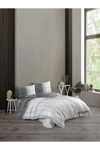 Kristal Ranforce Kutulu Nevresim Takımı Tek Kişilik Ekose Gri ürün görseli