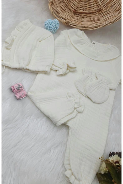 gros shop Fırfır Yakalı Müslin 3'lü Hastane Çıkış Mevlüt Seti %100 Pamuk (Kişiye Özgü İsimli Nakış Desenli) - 6