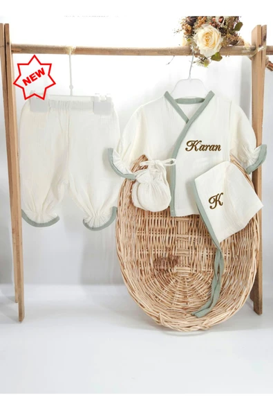 gros shop Yeni Doğan Burümcük Müslin Kumaş %100Pamuk 4’lü Hastane Çıkış Seti(Kişiye Özgü İsimli Nakış Desenli) ürün görseli