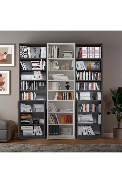 Asra Trend MDF Beyaz/Koyu Gri Kapaklı Kitaplık – Ayarlanabilir Raf, Ev & Ofis Modern Kitaplık, K-58 - Resim 4