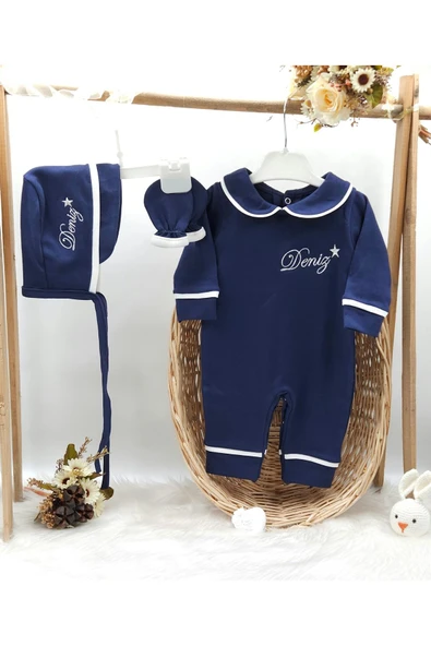 gros shop Biyeli 3'lü %100 Pamuklu Hastane Çıkış Tulum Seti (KİŞİYE ÖZGÜ İSİMLİ NAKIŞ DESENLİ) ürün görseli