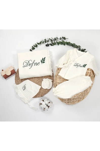 gros shop Yeni Doğan %100Pamuk Organik 4Katlı Müslin Kumaş Hastane Çıkış Seti(Kişiye Özgü İsimli Nakış Desenl) - Resim 6