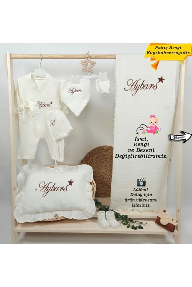 gros shop 4Katlı Müslin Kumaş 7'li Bağcıklı Tulum %100Pamuk Hastane Çıkışı (Kişiye Özgü İsimli Nakış Desenli) - 1