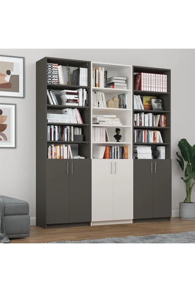 Asra Trend MDF Beyaz/Koyu Gri Kapaklı Kitaplık – Ayarlanabilir Raf, Ev & Ofis Modern Kitaplık, K-58 ürün görseli