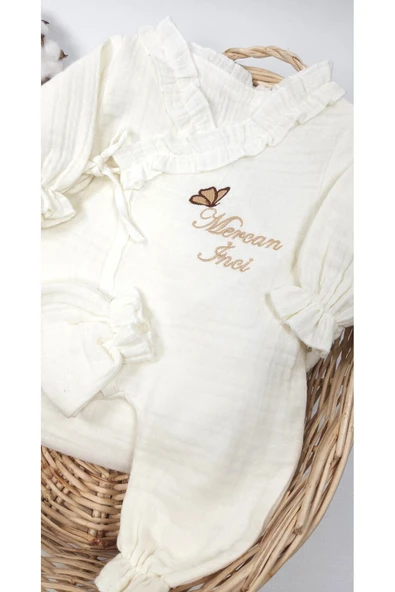 gros shop %100 Pamuk Organik 4Katlı Müslin Kumaş Bağcıklı Tulum-Mevlüt Seti (Kişiye Özgü İsimli Nakış Desenli) - Resim 6