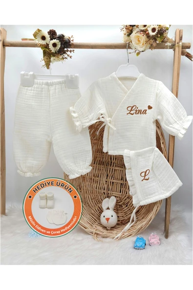 gros shop Yeni Doğan Müslin 3'li Kimono Bağcıklı Tulum %100 Pamuk Organik (Kişiye Özgü İsimli Nakış Desenli)