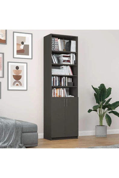 Asra Trend MDF Koyu Gri Kapaklı Kitaplık –Ayarlanabilir Raf,Ev & Ofis Modern Dekoratif Kitaplık,K-38 ürün görseli