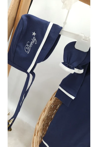 gros shop Biyeli 3'lü %100 Pamuklu Hastane Çıkış Tulum Seti (KİŞİYE ÖZGÜ İSİMLİ NAKIŞ DESENLİ) - 2