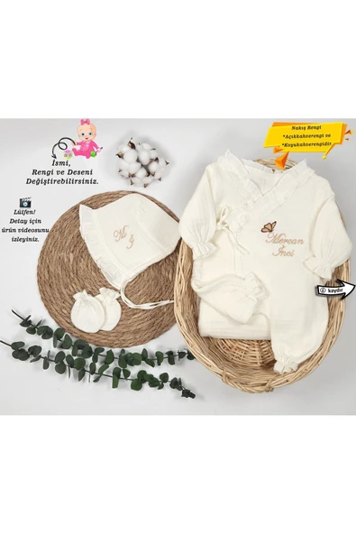 gros shop %100 Pamuk Organik 4Katlı Müslin Kumaş Bağcıklı Tulum-Mevlüt Seti (Kişiye Özgü İsimli Nakış Desenli) ürün görseli