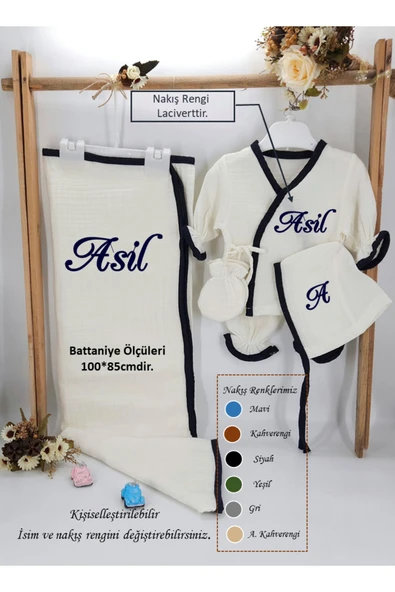 gros shop Yeni Doğan Burümcük Müslin Kumaş %100Pamuk 5’li Hastane Çıkış Seti(Kişiye Özgü İsimli Nakış Desenli) - 2