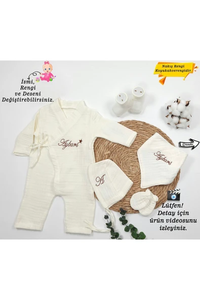 gros shop %100 Pamuk 4Katlı Müslin Kumaş Bağcıklı Tulum - Hediyelik (Kişiye Özgü İsimli Nakış Desenli) ürün görseli