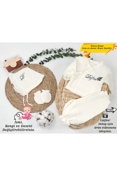 gros shop Yeni Doğan %100Pamuk Organik 4Katlı Müslin Kumaş 4lü Bağcıklı Tulum(Kişiye Özgü İsimli Nakış Desen) - 1