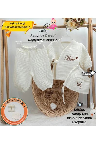gros shop Yeni Doğan Müslin 3'li Kimono Bağcıklı Tulum %100 Pamuk Organik (Kişiye Özgü İsimli Nakış Desenli) ürün görseli