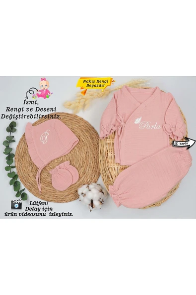 gros shop Yeni Doğan Müslin 4'lü Kimono Bağcıklı Tulum %100 Pamuk Organik (Kişiye Özgü İsimli Nakış Desenli)