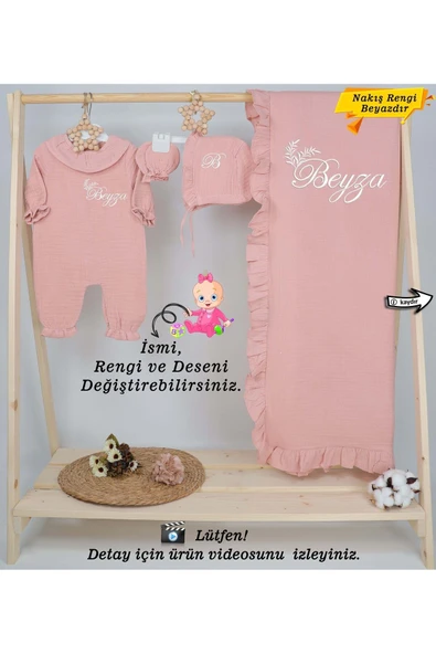 gros shop Yakalı Müslin Kumaş Hastane Çıkış Mevlüt Seti %100 Pamuk Organik (Kişiye Özgü İsimli Nakış Desenli)
