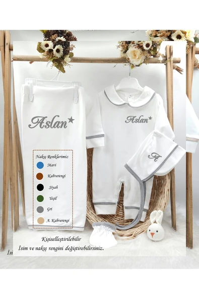 gros shop Biyeli 4'lü %100 Pamuklu Hastane Çıkış Tulum Seti ve Battaniyesi (KİŞİYE ÖZGÜ İSİMLİ NAKIŞ DESENLİ) - Resim 2