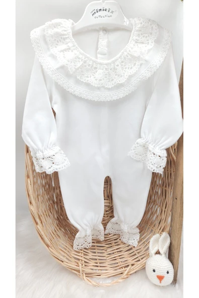 gros shop Yeni Doğan %100 Pamuk Dantelli Hastene Çıkış Tulum Seti (KİŞİYE ÖZGÜ İSİMLİ NAKIŞ DESENLİ) - 3