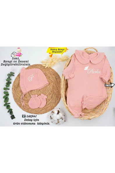 gros shop 4 Katlı Müslin 3'lü Hastane Çıkış Mevlüt Seti %100 Pamuk Organik (Kişiye Özgü İsimli Nakış Desenli) ürün görseli