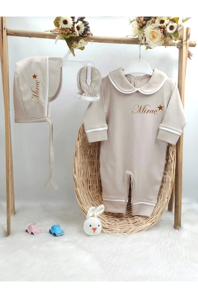 gros shop Biyeli 3'lü %100 Pamuklu Hastane Çıkış Tulum Seti (KİŞİYE ÖZGÜ İSİMLİ NAKIŞ DESENLİ)