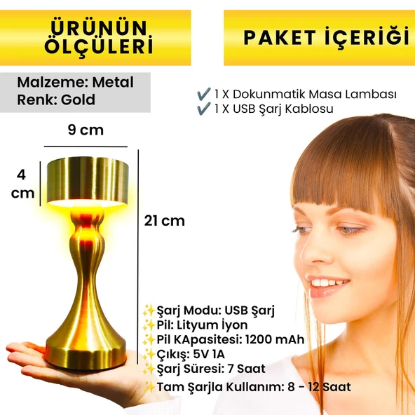 UpWay Dekoratif Retro Modern Tarz Dokunmatik 3 Modlu Şarjlı Golden Masa Lambası - 8