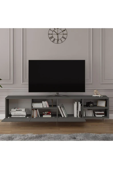 Asra Trend MDF Koyu Gri TV Ünitesi - 200 cm, Şık & Modern Tasarım TV Sehpası, T-21 - Resim 2