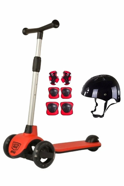 Şeker Adası Let's Ride Kaliteli Kırmızı 3 Teker Işıklı Scooter ve Kask- Dizlik- Dirseklik Set