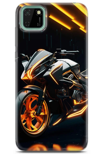 Uvilda Huawei Y5p Uyumlu Otomoto 16 Baskılı Telefon Kabı Turuncu Neon Motor