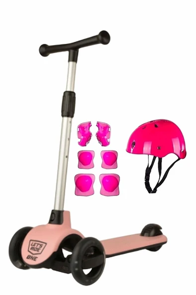 Şeker Adası Let's Ride Kaliteli Pembe 3 Teker Işıklı Scooter ve Kask- Dizlik- Dirseklik Set