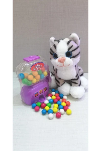 Şeker Adası 2 Si 1 Arada / Sevimli Tekir Kedi 15 Cm Ve Mor Jackpot Sakız Makinesi - 1