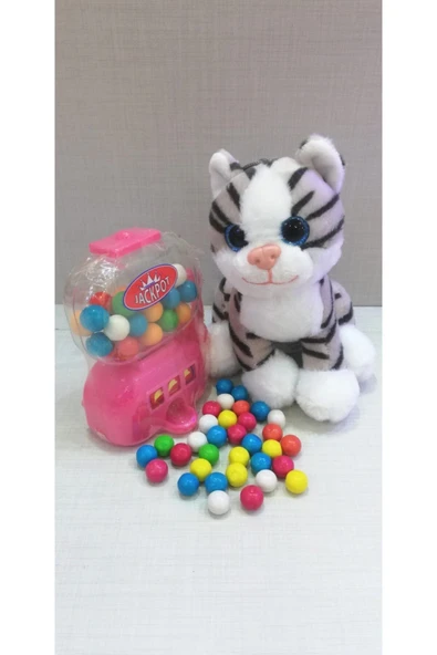 Şeker Adası 2 Si 1 Arada / Sevimli Tekir Kedi 15 Cm Ve Pembe Jackpot Sakız Makinesi