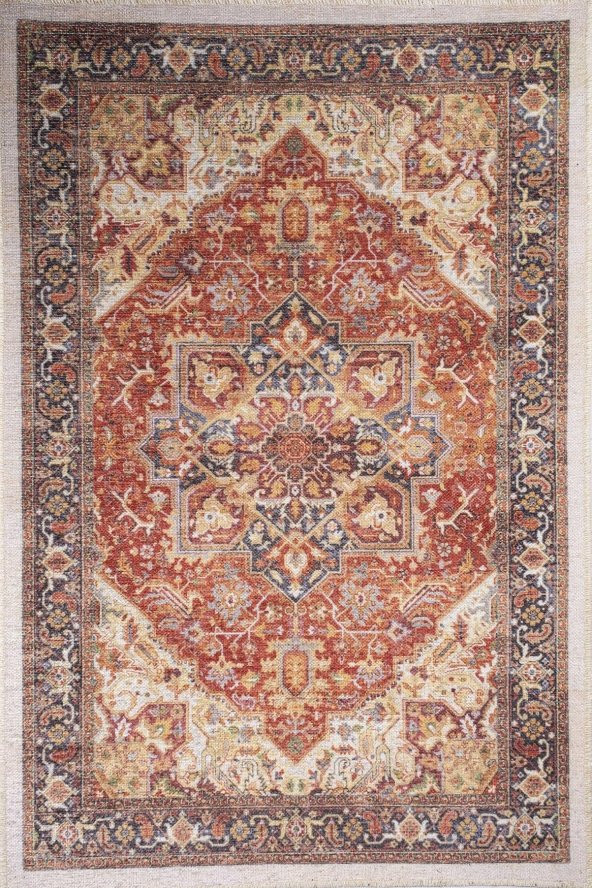 Vintage Heriz Floral Madalyon Makinede Yıkanabilir Leke Tutmaz Eskitme Halı, Kilim 100x145