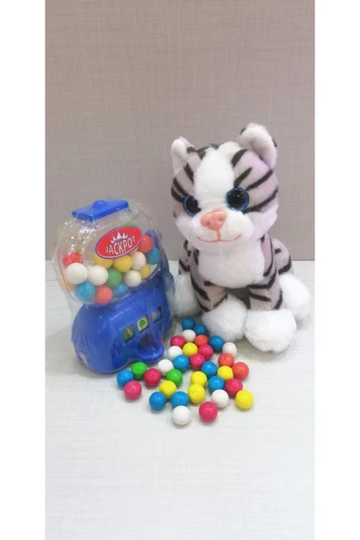 Şeker Adası 2 Si 1 Arada / Sevimli Tekir Kedi 15 Cm Ve Mavi Jackpot Sakız Makinesi