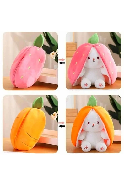 Şeker Adası Sevimli Çilek - Havuç Tavşan 28 Cm Özel Tasarım Yumuşacık Kumaş Hediyelik - Resim 5