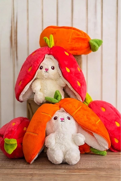 Şeker Adası Sevimli Çilek - Havuç Tavşan 28 Cm Özel Tasarım Yumuşacık Kumaş Hediyelik - Resim 2