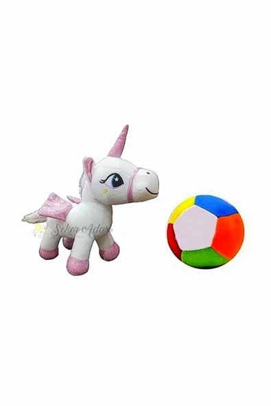 Şeker Adası Peluş Beyaz Unicorn Pony At 20 cm ve Peluş Top 12 cm - 2 Ürün 1 Arada Oyuncak ürün görseli