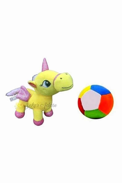 Şeker Adası Peluş Sarı Unicorn Pony At 20 cm ve Peluş Top 12 cm - 2 Ürün 1 Arada Oyuncak