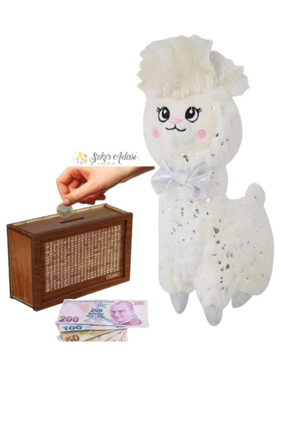 Şeker Adası Sevimli Beyaz Lama 28 Cm Peluş Oyuncak Ve Ahşap Hedefli Kumbara Para Biriktirme Kutusu