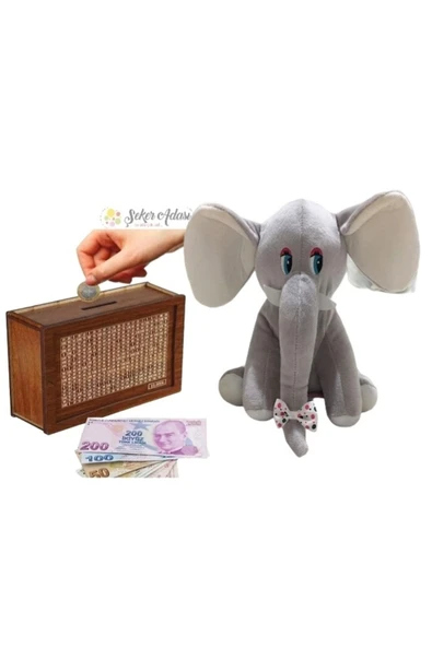 Şeker Adası Sevimli Fil 20 Cm Peluş Ve Ahşap 10.000 Hedefli Kumbara Para Biriktirme Kutusu ürün görseli
