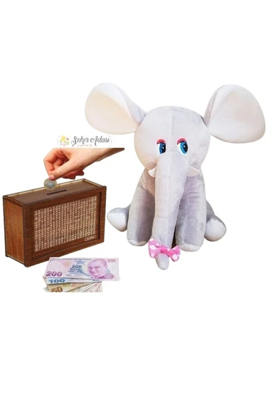 Şeker Adası Sevimli Fil 20 Cm Peluş Oyuncak Ve Ahşap Hedefli Kumbara Para Biriktirme Kutusu - 1