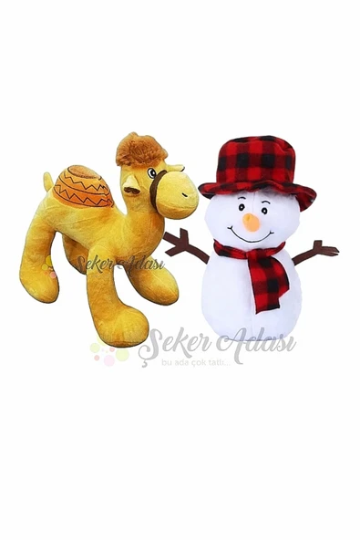 Şeker Adası Peluş Kardan Adam 25 Cm ve Deve 28 Cm Yılbaşı Kış Dekoratif Hediye Süsleme
