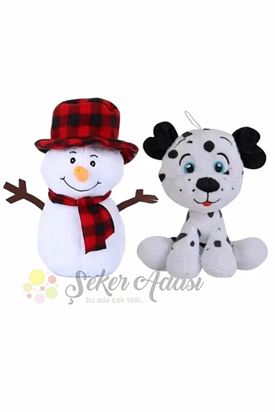 Şeker Adası Peluş Kardan Adam 25 Cm ve Dalmaçyalı Köpek 15 Cm Yılbaşı Kış Dekoratif Hediye Süsleme