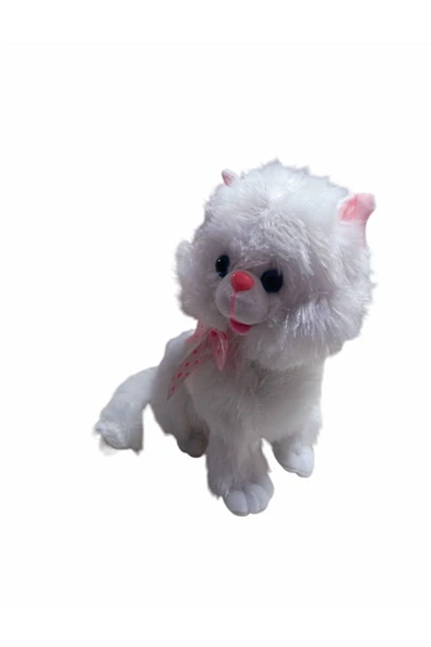 Şeker Adası Peluş Oyuncak Oturan Tombul Sevimli Sesli Peluş Beyaz Kedi 45 cm - Resim 2