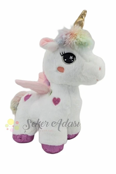 Şeker Adası Kanatlı Pembe Kalpli Unicorn At 35 Cm Oyuncak Beyaz Peluş Pony At Uyku Ve Oyun Arkadaşı Mama - Resim 2
