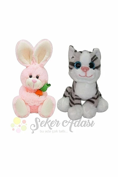 Şeker Adası Küçük Peluş Kedi 15 Cm ve Minik Tavşan 15 Cm İkili Peluş Oyuncak
