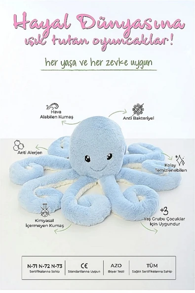 Şeker Adası Peluş Ahtapot Uyku ve Oyun Arkadaşı Mavi - Resim 2